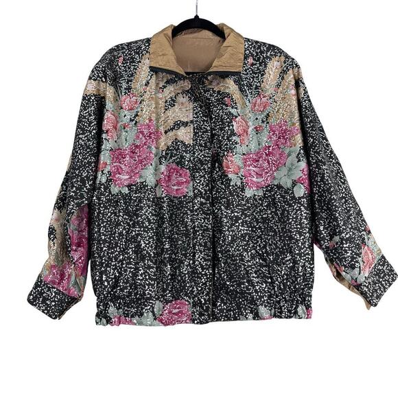 Vintage Metallic Floral/Black GDT TOO Reversible 90s Bomber Jacket One Size - Picture 2 of 13